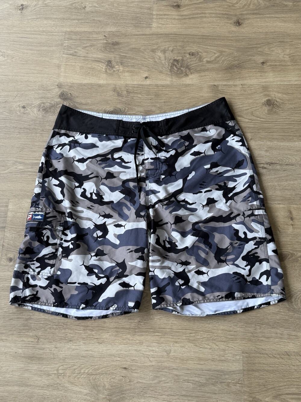 Pelagic Performance Fish Camo Camouflage Swim Trunks Board Shorts Men's Size 40